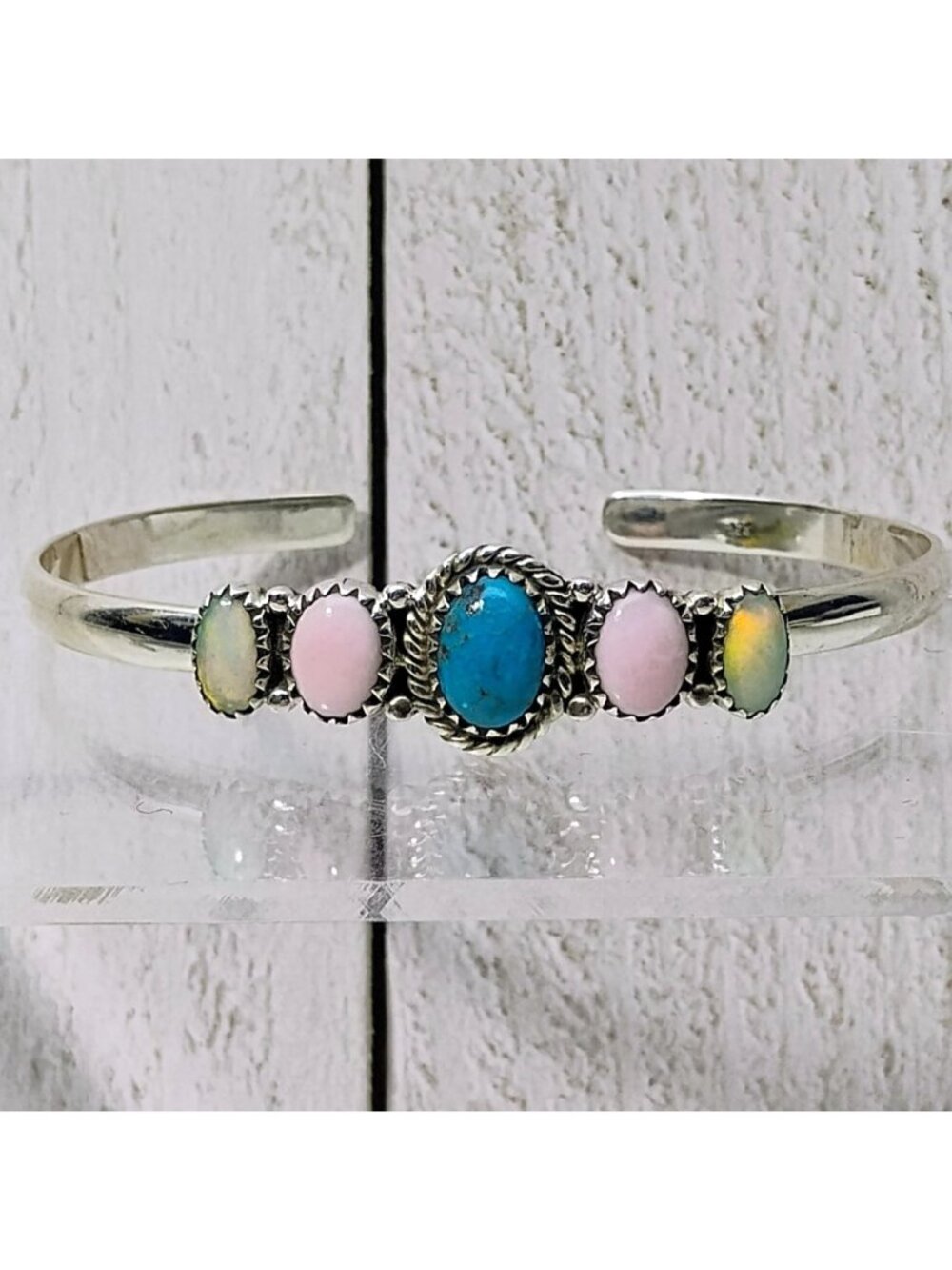 Southwest Cowgirl Turquoise Opal Pink Conch Shell Sterling Silver Cuff Bracelet